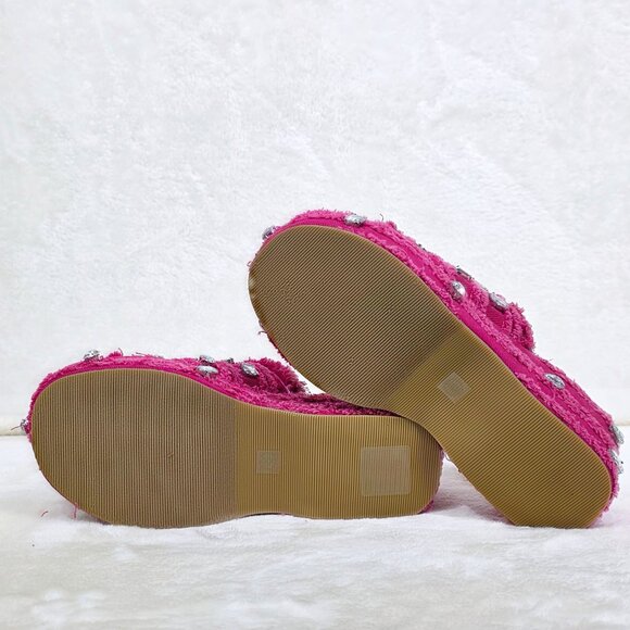 Hipster Denim Distressed Frayed Trim Rhinestone 2" Flatform Sandals Hot Pink - Picture 10 of 10